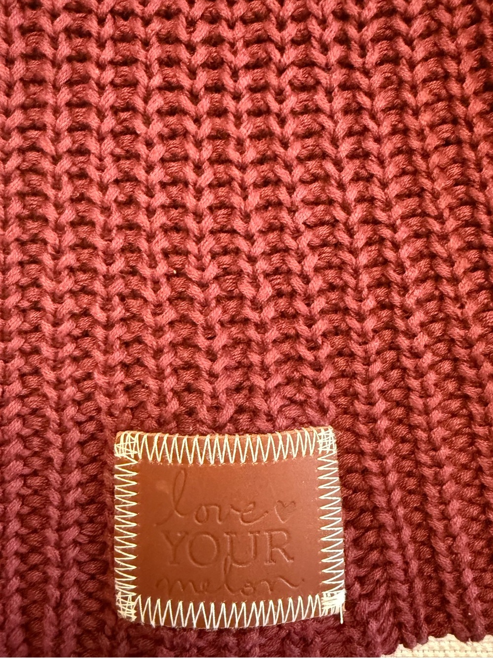 Chunky Knit Beanie with Leather Patch - Burgundy - Picture 2 of 3